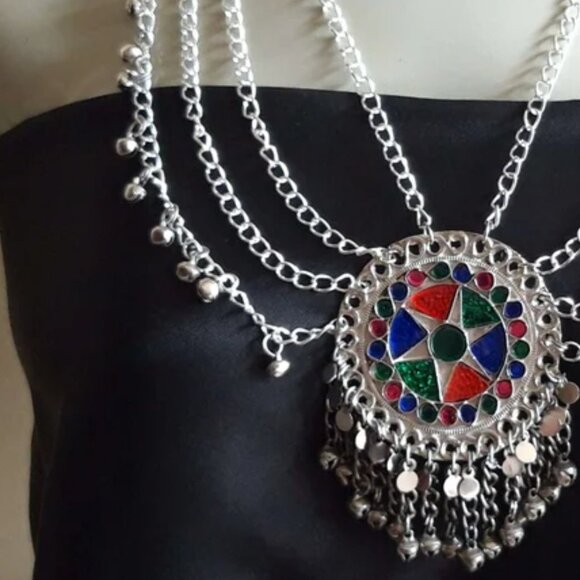 Ethnic Multilayers Bib Necklace, Tribal Silver Bib Necklace, Kuchi Boho Jewelry - Picture 4 of 5